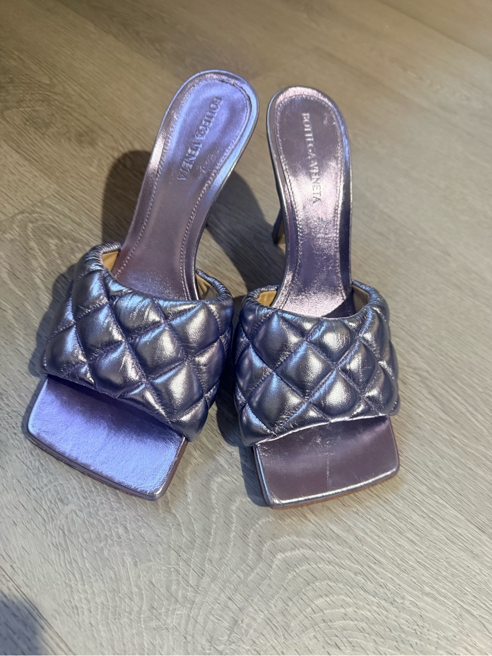 Bottega Veneta Quilted Metallic Lavender Slide Mules